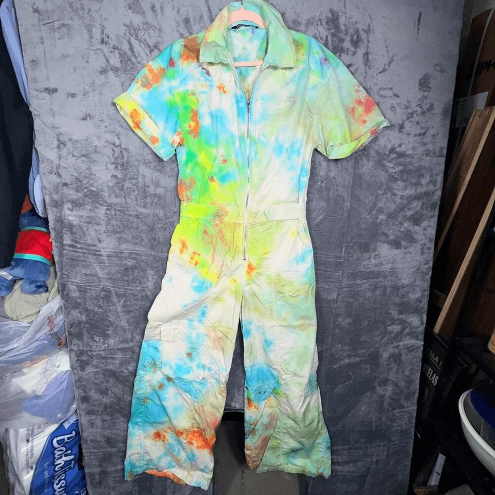 Zara Womens Tie Dye Jumpsuit M Multicolor Short Sleeve Zip Up Romper Coveralls